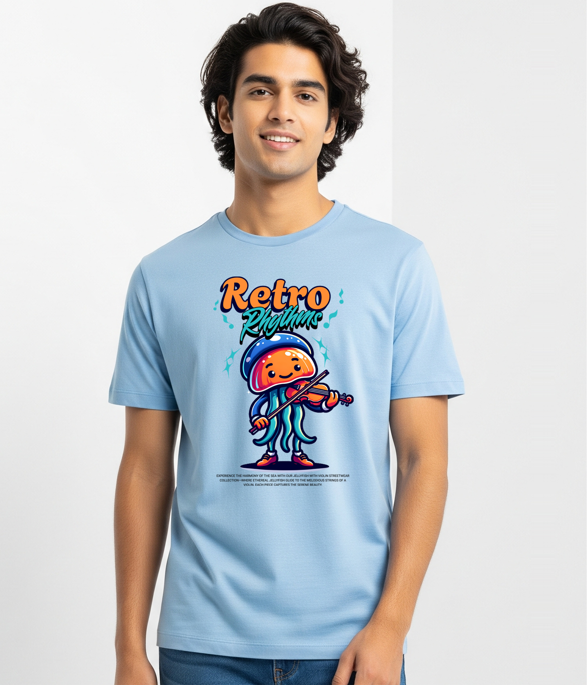 Retro Rhythms Jellyfish Violinist Design - Classic Crew Graphic T-Shirt