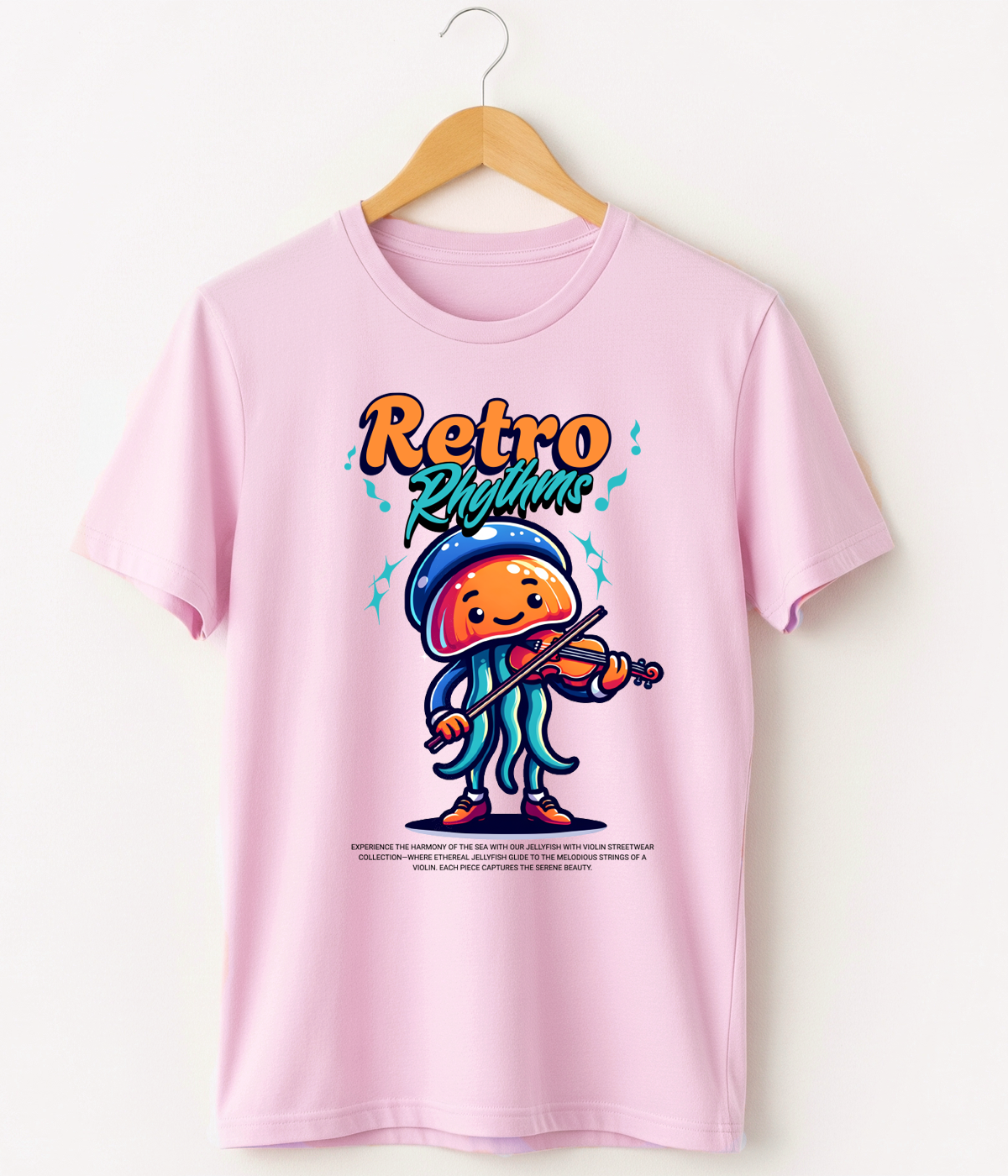 Retro Rhythms Jellyfish Violinist Design - Classic Crew Graphic T-Shirt